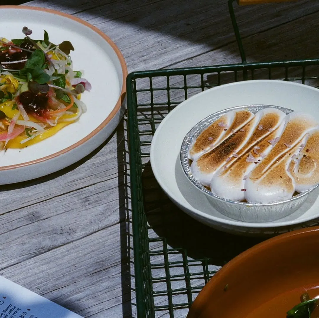 Salad and brulee dessert on the patio
