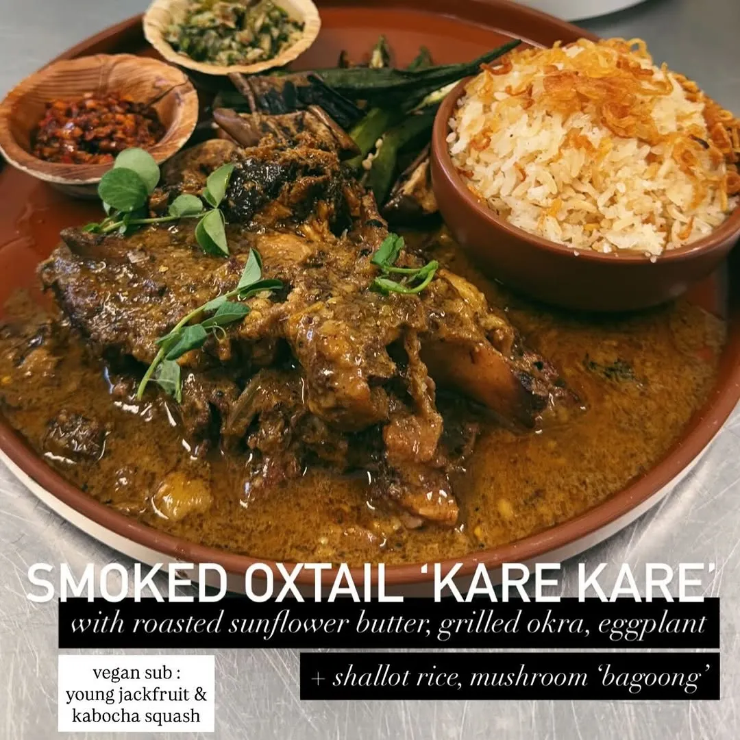 Oxtail Kare-Kare — braised oxtail, sunflower butter, grilled vegetables by Sira Ulo